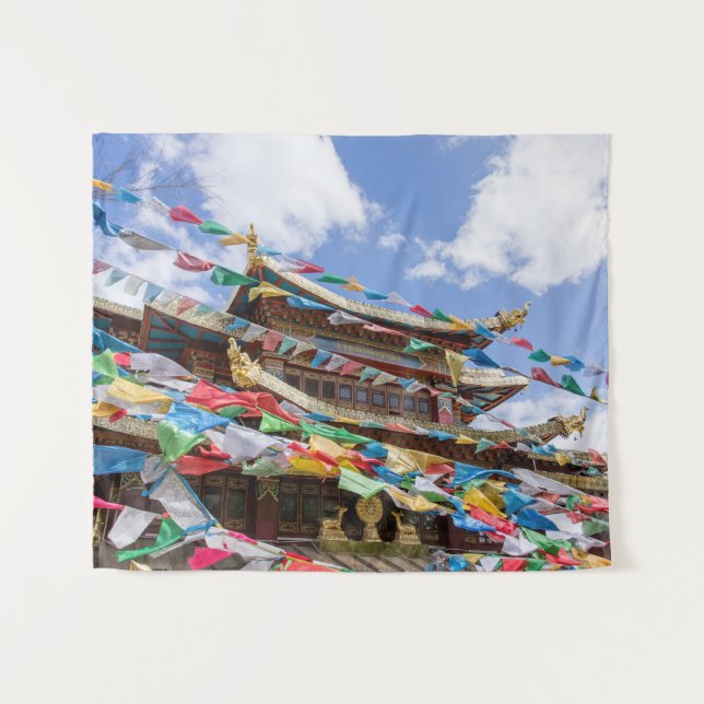 Tenture Temple tibétain avec drapeaux de prière - Yunnan,  (Devant (Horizontal))