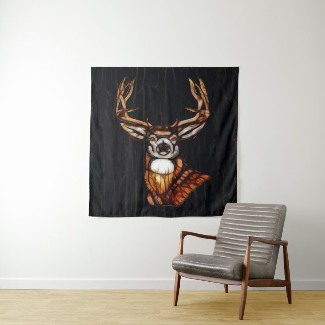 Tenture Tête de cerf en bois rustique avec bois et fond (En situation)