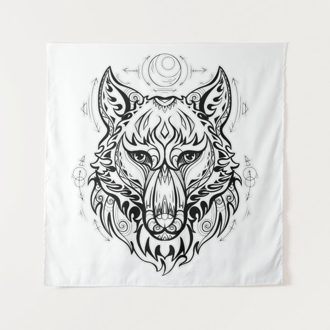 Tenture Tête de loup aux décorations ethniques (Devant)