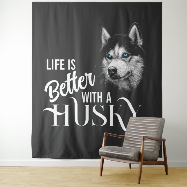 Tenture Tête de portrait Husky Sibérien Avec Yeux Bleus (En situation)