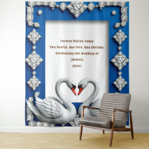 Tenture Thème de mariage Cadre de cœur de cygne bleu