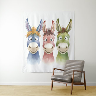 Tenture Three Colorful Cartoon Donkeys in Watercolor Style