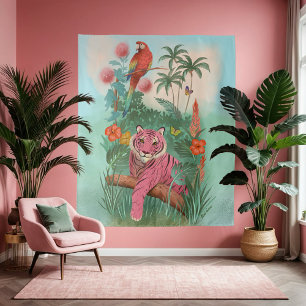 Tenture Tigre rose et perroquet dans la jungle tropicale G