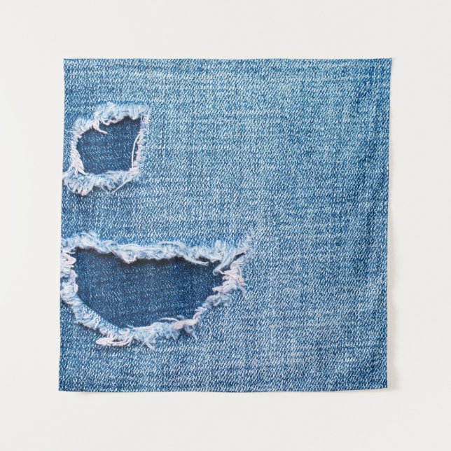 Tenture Tissu en denim déchiré, teintes bleues. (Devant)