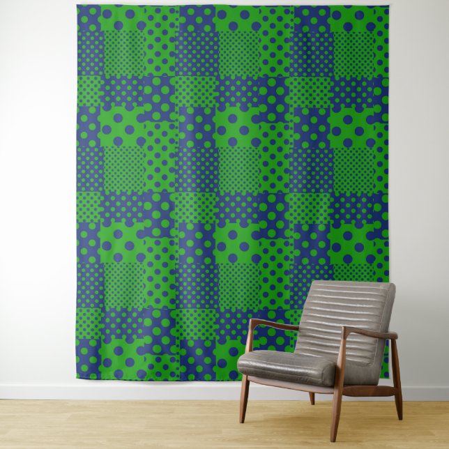 Tenture Tissu patchwork à pois bleu vert  (En situation)