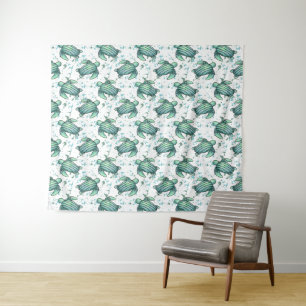Tenture tortue de mer aquarelle verte motif bleu animal