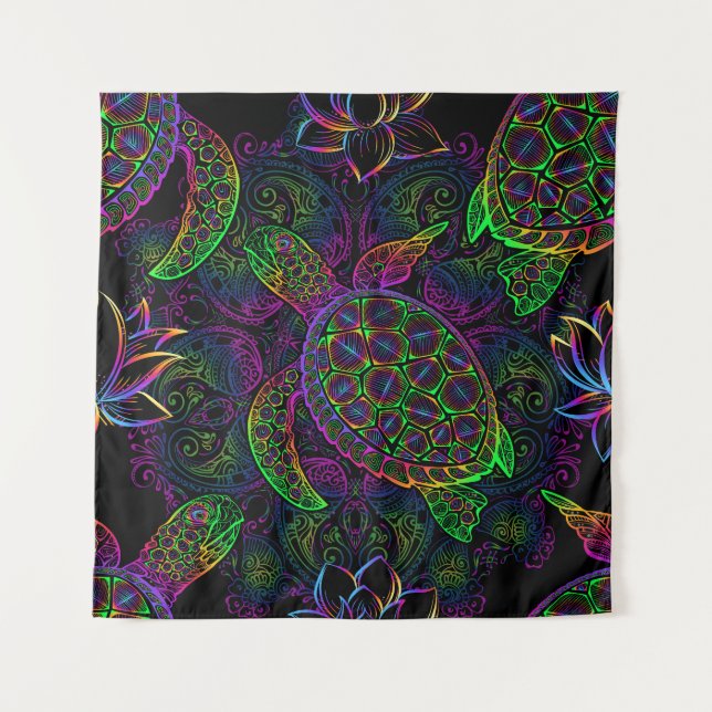 Tenture Tortue de mer Boho : Motif psychédélique mandala (Devant)