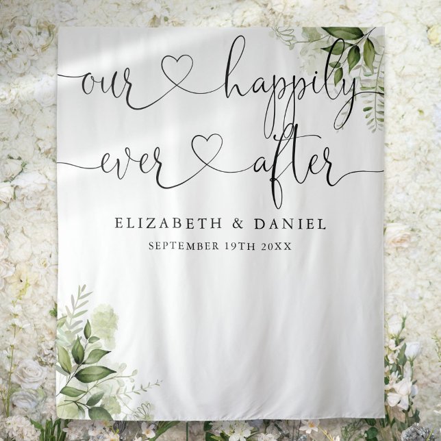 Tenture Toujours après Script de verdure Mariage fond phot (Ever After Script Greenery Wedding Photo Backdrop)