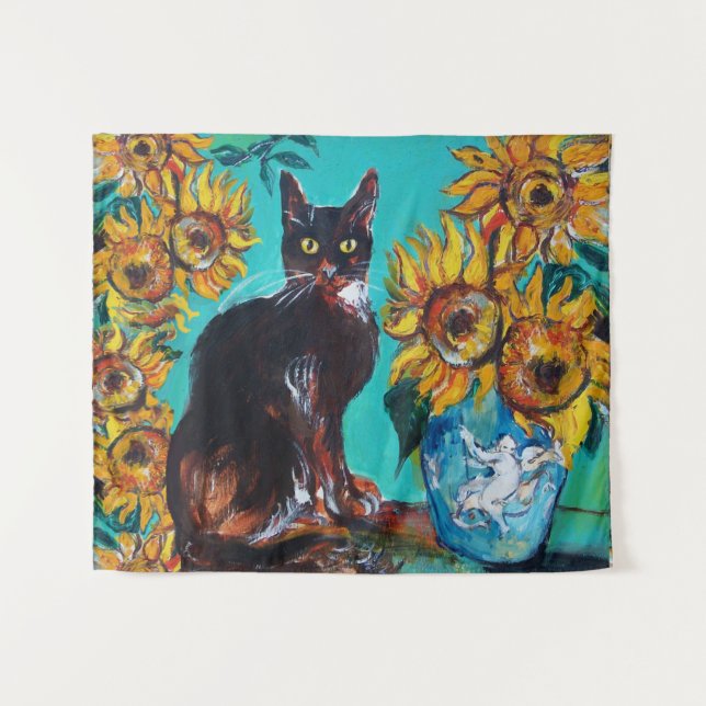TENTURE TOURNESOLS AVEC CHAT EN TURQUOISE BLEU (Devant (Horizontal))