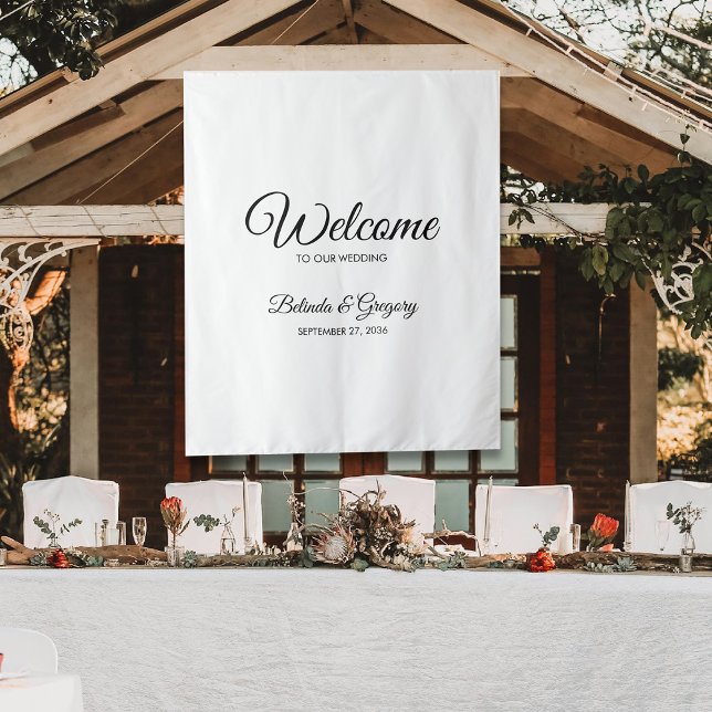 Tenture Traditional Script Welcome Wedding Fabric Sign  (Traditional Script Welcome Wedding Fabric Sign Tapestry)