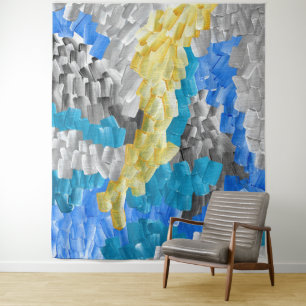 Tenture Traits de pinceau abstraits en jaune, bleu et gris