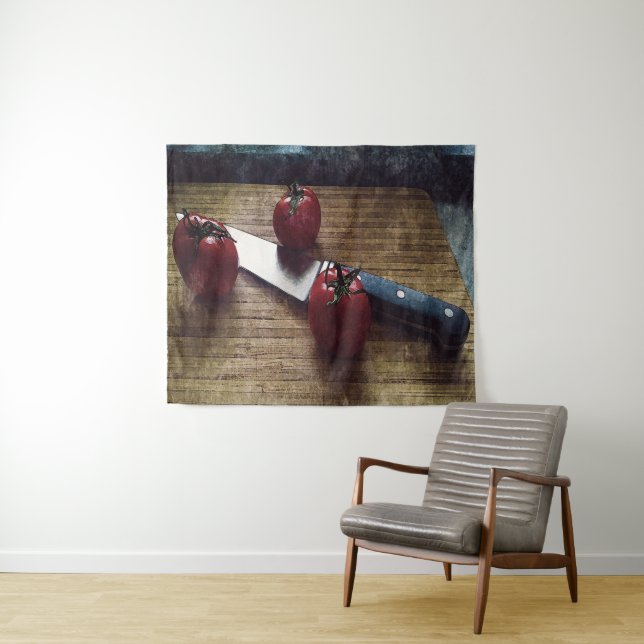 Tenture Trois tomates rouges sur une planche à découper (En situation (horizontale))