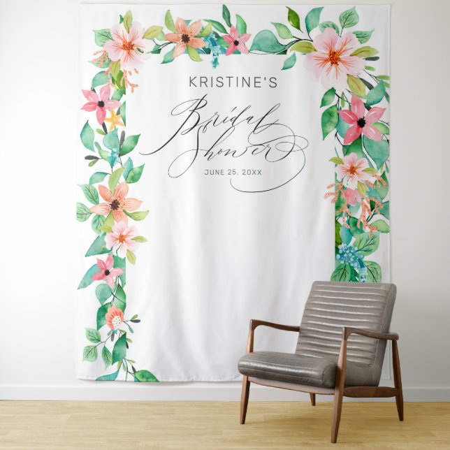 Tenture Tropical Rose Floral Élégant Script Mariage (En situation)