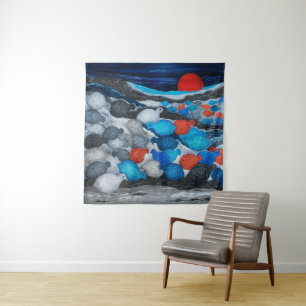 Tenture Troupeau d'oiseaux colorés sous la lune rouge Art
