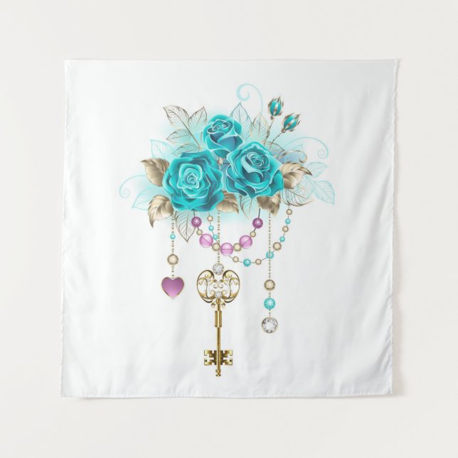 Tenture Turquoise Roses with Keys (Devant)