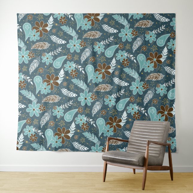 Tenture turquoises plumes turquoise doodle fleurs boho (En situation (horizontale))