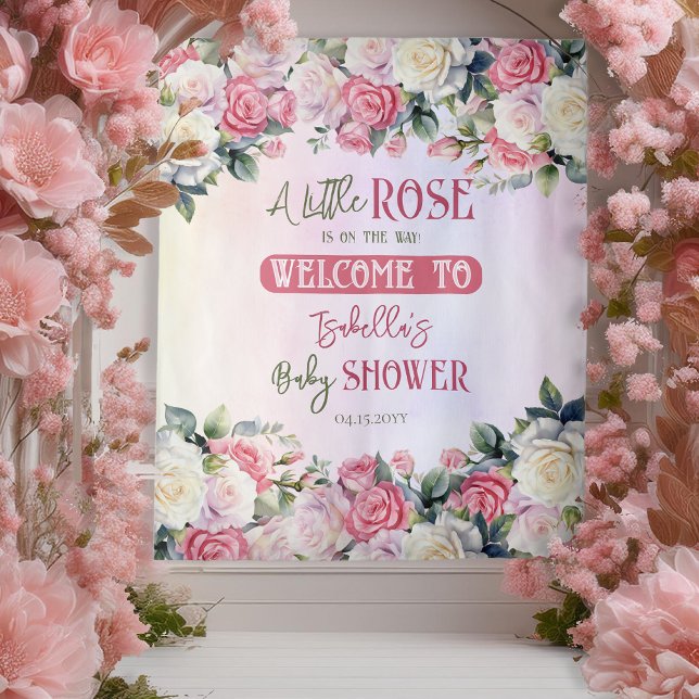 Tenture Un Baby shower Floral Un Petit Rose (Pink Rose Floral Bouquets Girl Baby Shower "Welcome" Backdrop -- A Little Rose Collection)