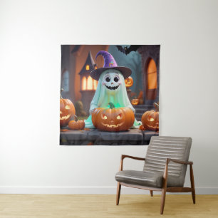 Tenture Un mignon fantôme avec des citrouilles d'Halloween