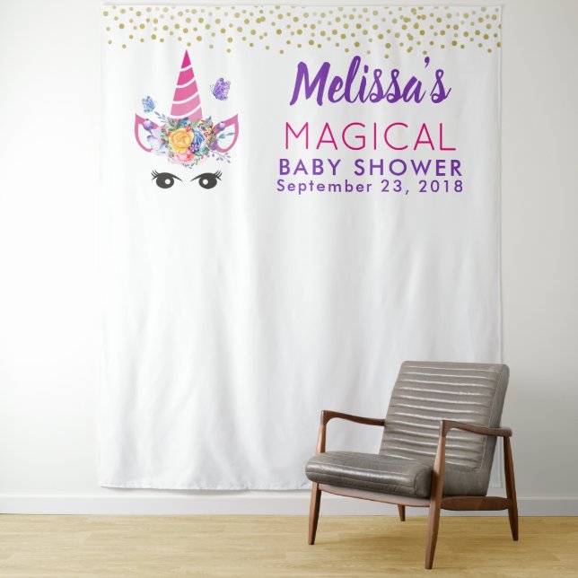 Tenture Unicorne avec Fleurs & Confetti Fond photo (En situation)