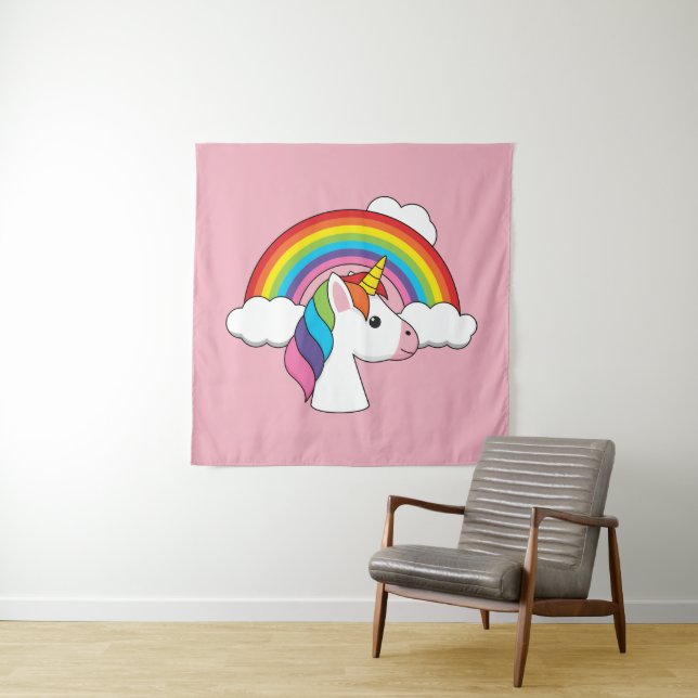 Tenture Unicorne et arc-en-ciel avec nuages Kawaii (En situation)