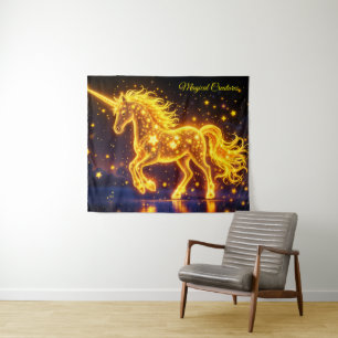 Tenture Unicorne imaginaire animal étoiles lumineuses or