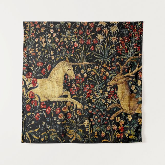 Tenture Unicorne médiévale Midnight Floral Garden (Devant)