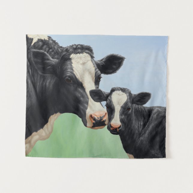 Tenture Vache Holstein noire et veau mignon (Devant (Horizontal))