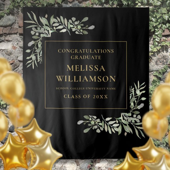 Tenture Verdure Noir Et Or Graduation Photo Contexte (Greenery Black And Gold Graduation Photo Backdrop)