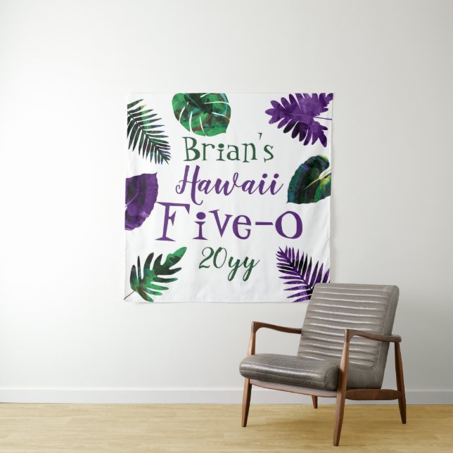 Tenture Vert, prune violet Feuilles Hawaii 5-0 50e anniver (En situation)
