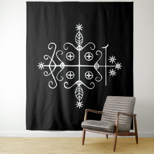 Tenture Veve blanc de Papa Legba sur fond noir