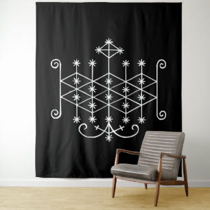 Tenture Veve blanc d'Ogoun sur fond noir