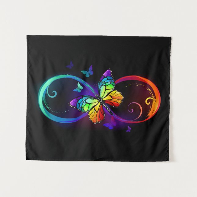 Tenture Vibrant infinity with rainbow butterfly on black (Devant (Horizontal))