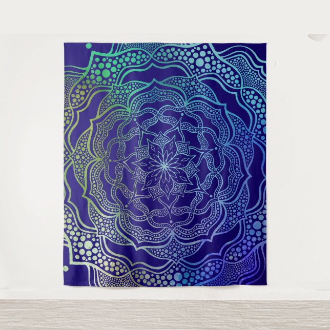 Tenture Vibrant Mandala Boho Chic Elegant Marine Bleu Vert (Devant)
