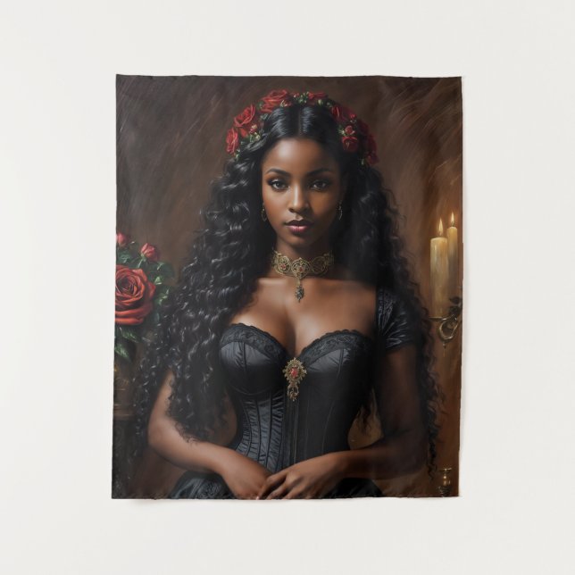 Tenture Victorian Goth Femme noire avec des roses rouges (Devant)