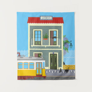 Tenture Vieille maison de Lisbonne avec chats et tramway j
