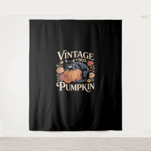 Tenture Vintage 90s Chat Citrouille Halloween rétro floral