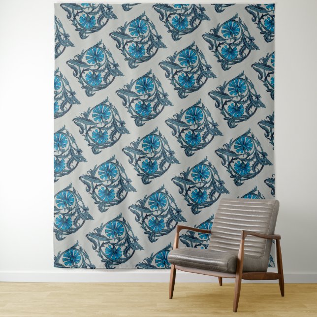 Tenture vintage bleu antique fleurs artisanat rustique (En situation)