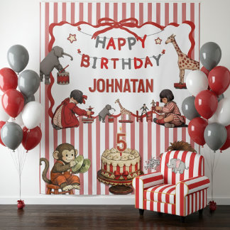 Tenture Vintage Circus Birthday Backdrop Name & Age Custom