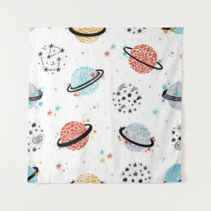 Tenture vintage Space Seamless Pattern with Doodle Saturn