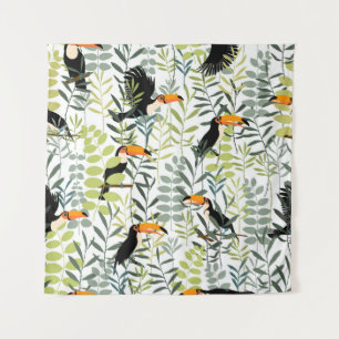 Tenture Vintage Toucans Vert Feuille Motif