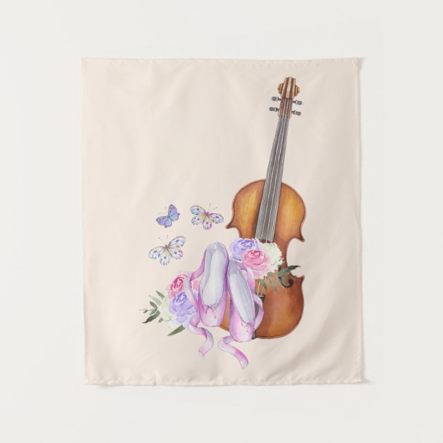 Tenture Violon, Chaussures de Ballet, Fleurs et Papillons (Devant)