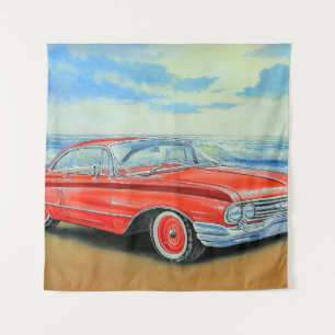 Tenture Voiture rouge rétro, peinture balnéaire.
