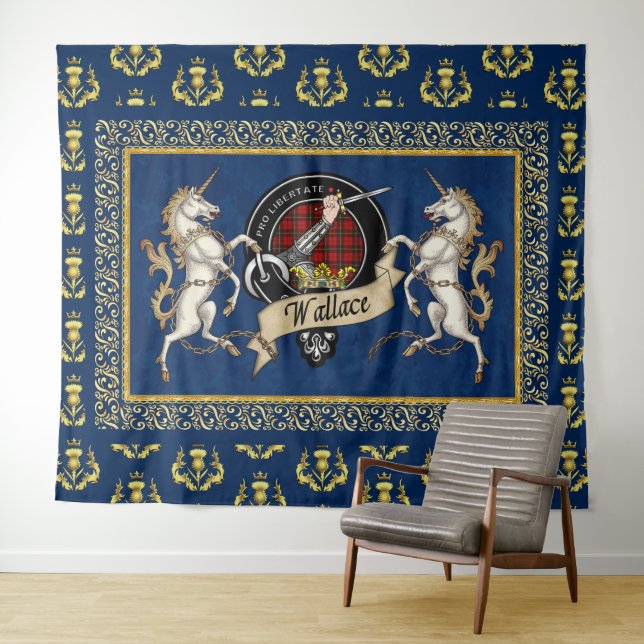 Tenture Wallace Clan Badge & Tartan avec Unicorns (En situation (horizontale))