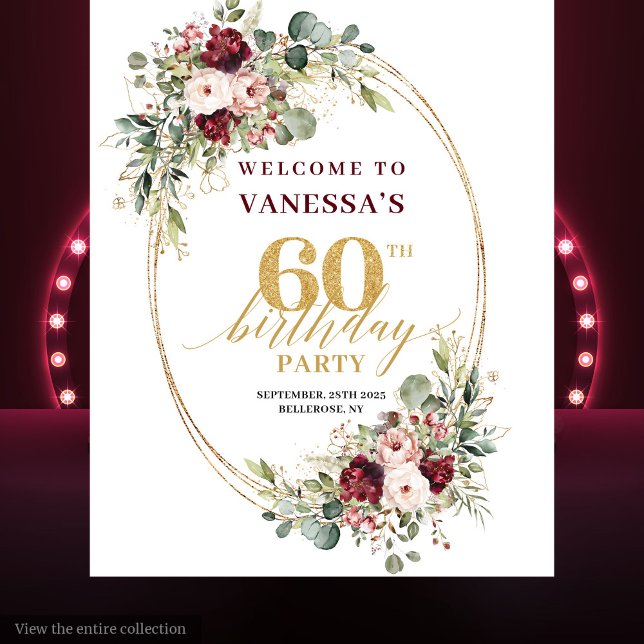 Tenture Watercolor Burgundy Gold Eucalyptus 60th Birthday  (Watercolor Burgundy Gold Eucalyptus 60th Birthday Banner)