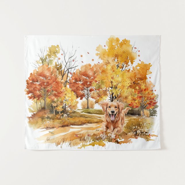 Tenture Watercolor Fall Chien Design - Golden Retriever (Devant (Horizontal))