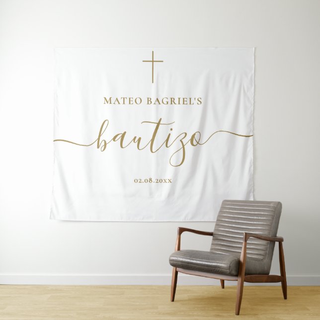 Tenture Whimsy Script Bautizo Spanish Baptism Neutral Gold (En situation (horizontale))