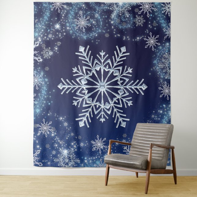 Tenture Winter Wonderland Blue Snowflakes Magie fond (En situation)