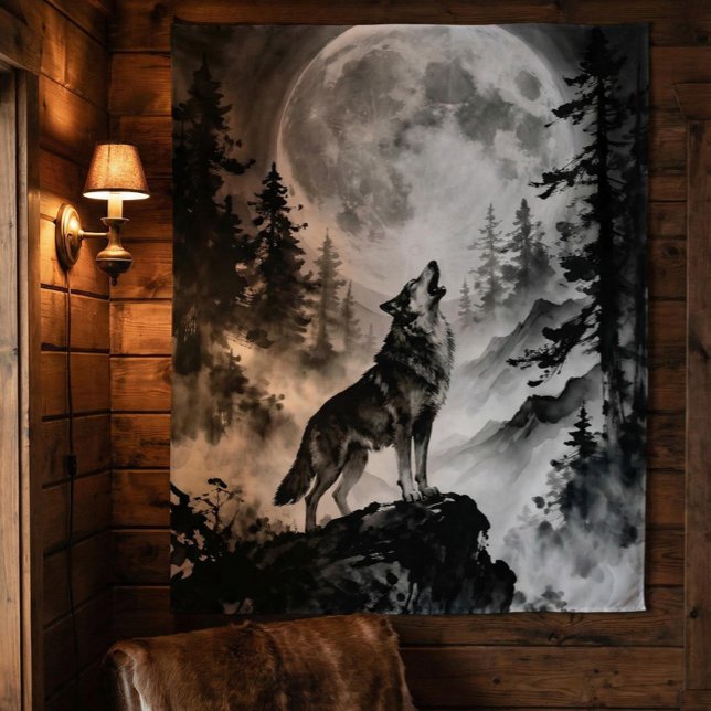 Tenture Wolf Howling at Moon Tapestry | Dark Forest (Créateur téléchargé)