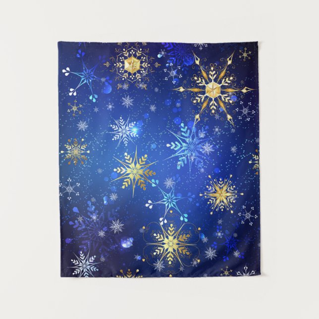 Tenture XMAS Blue Background with Golden Snowflakes (Devant)