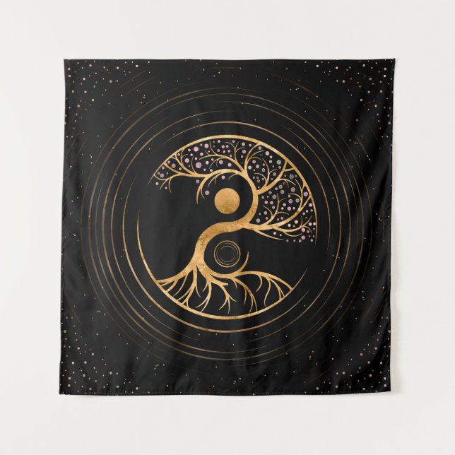Tenture Yin Yang Arbre de vie - Fluorite et or (Devant)
